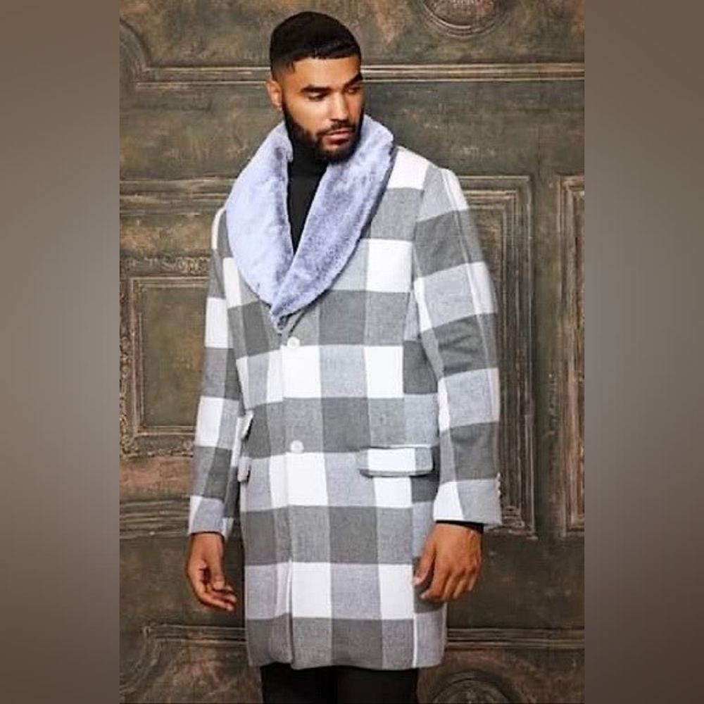 Men's Manzini White | Grey Plaid Faux Fur Overcoat NWT